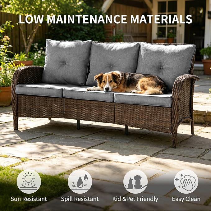 All Weather Patio Furniture Set, High Back Swivel Rocker Glider Chairs，Ottomans & Glass Tables, Outdoor Conversation Set for Deck Porch Yard Poolside (Grey, 7PCS-Sofa&Swivel Chairs&Ottomans&Tables)