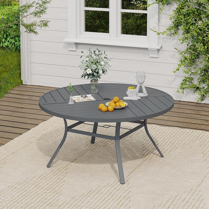 VICLLAX 50" Round Outdoor Table, Patio Dining Table for 6 with Umbrella Hole for Garden Lawn Deck Backyard, Dark Grey
