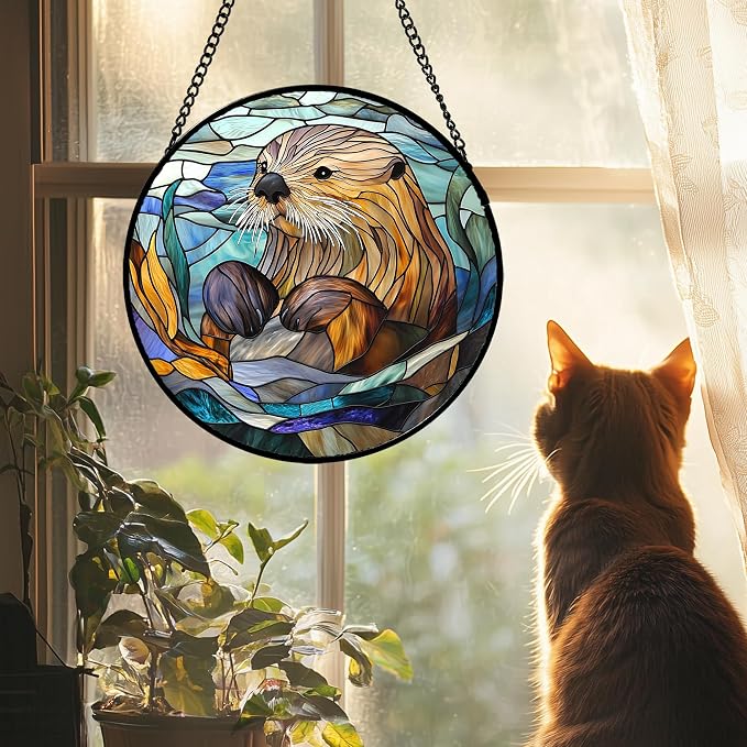 Stained Glass Suncatcher, Blue Ocean Cute Sea Otter Sun Catcher Stain Glass Window Hanging Decoration Mother's Day Birthday Gifts for Women Men Mom Nana 15 in