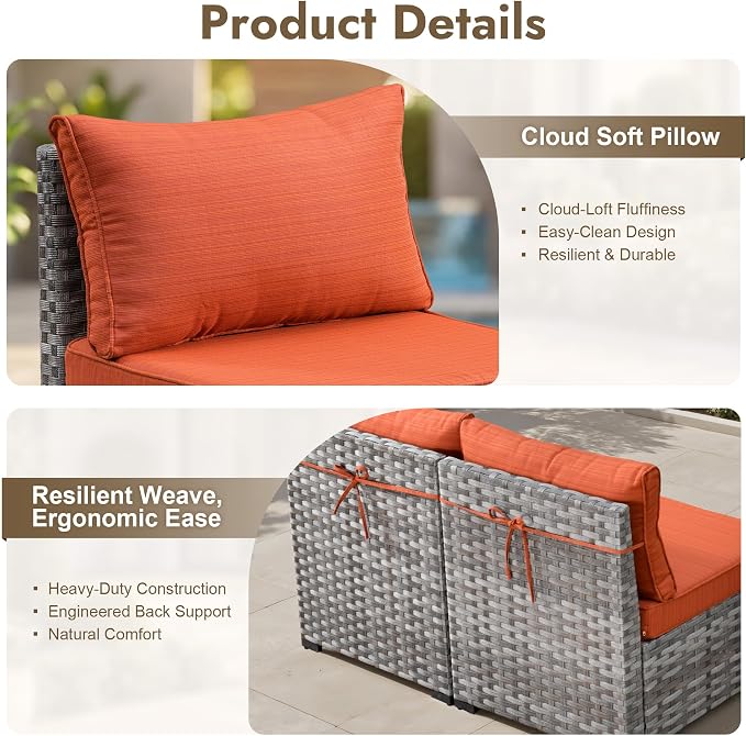 9 Pieces Patio Furniture Set, Wicker Outdoor Sectional Sofa with Swivel Chair Comfy Cushions, Modern Modular Deep Seat Rattan Couch Conversation Set for Backyard Porch Yard,Orange