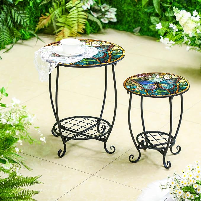 Cinnvoice 2 Pcs Outdoor Side Table Small Patio Round Mosaic Accent End Table Indoor Plant Metal Coffee Tea Tables for Patio Yard Porch Garden Living Room(12" and 16",Butterfly Style)