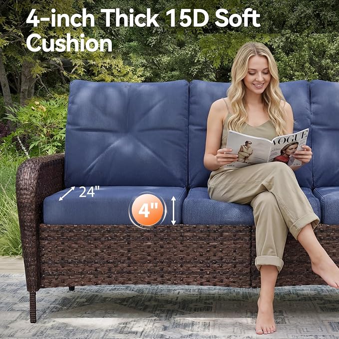 Aoxun Luxury 8-Piece Patio Furniture Set with 44'' Fire Pit Table, Wicker Rattan Sofa with Thick Cushion, Outdoor Conversation Set for Backyard, Poolside & Garden, Brown/Navy Blue