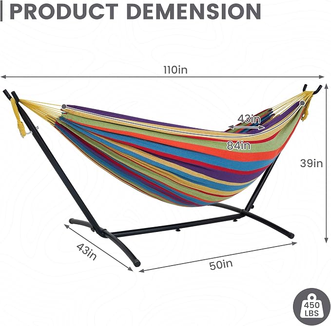 Lazy Daze Portable Hammock with Stand, Free Standing Hammocks for Indoor Outdoor Patio Yard, Has a Carrying Bag and Pillow, 9ft Hamacas Heavy Duty 2 Person Amaca 450 lbs Capacity(Purple Stripes)