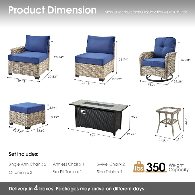Wicker Patio Furniture Set with Fire Pit Table,9 Pieces Outdoor Sectional with Swivel Chairs Ottoman,Out Door Furniture Conversation Set,Navy Blue