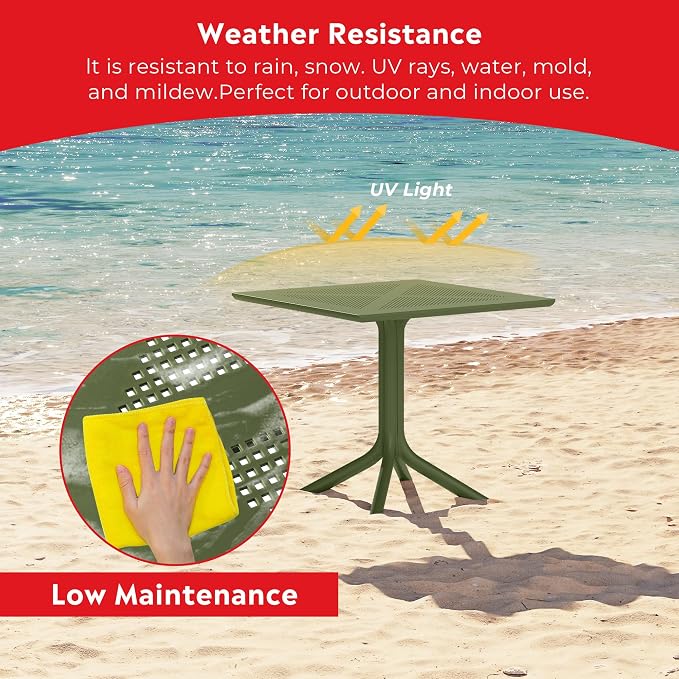 Costaelm Patio Dining Table for 4, Square PP Patio Table, 4-Person Weather Resistant Porch Tables for Outside Poolside Deck Lawn Garden Backyard, Olive Green