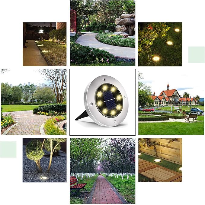 INCX 16 Pack 4.6 Inch Solar Ground Lights Outdoor, Waterproof, Warm White | 8 LEDs, 600mAh Ni-MH battery, 8-10 hr runtime, stainless steel and ABS body, garden lights for pathways, lawns and driveways