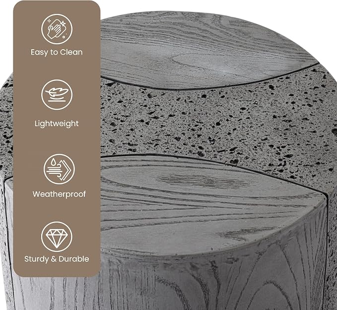 HOMPUS Outdoor Side Table Set of 2, Concrete Nesting Table Round w Spotted & Faux Wooden Modern MgO End Table, Lightweight Functional Patio Accent Table for Garden, Deck, Poolside, Grey