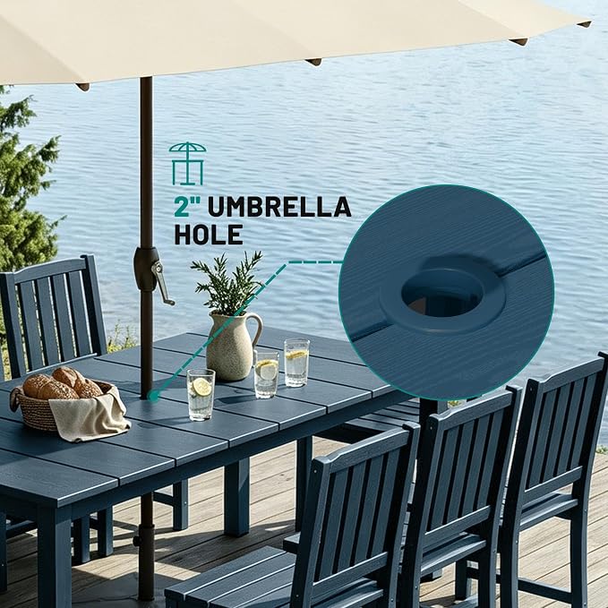 PLUUV 7-Piece Outdoor Dining Set – HDPE Patio Furniture with Umbrella Hole Table, Aluminum Legs, and 6 Armless Chairs, Weatherproof & Easy-Clean for Backyard, Garden, Navy Blue