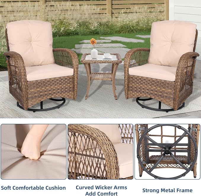 3-Piece Patio Wicker Conversation Bistro Set, Rattan Gliding Rocking Swivel Chairs with Cushion and Glass Top Side Table Outdoor Furniture Sets for Garden Backyard, Light Brown