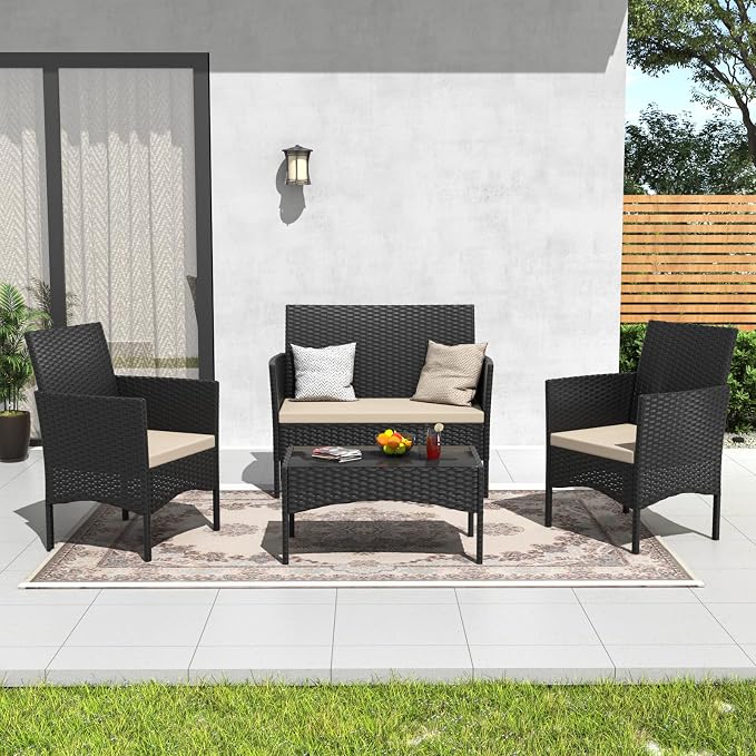 ALAULM Outdoor Patio Furniture Set, 4 Pieces Patio Conversation Set Wicker Chairs with Glass Table and Soft Cushion for Porch,Backyard, Poolside (Sand)