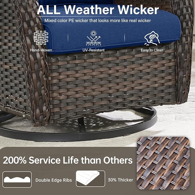 Outdoor Swivel Rocker Patio Chairs Set of 5 with Loveseat - 5" Thick Cushion 5 Piece Furniture Set with Sofa All Weather Wicker Conversation Set for Porch Deck - Brown Wicker | Blue Cushions