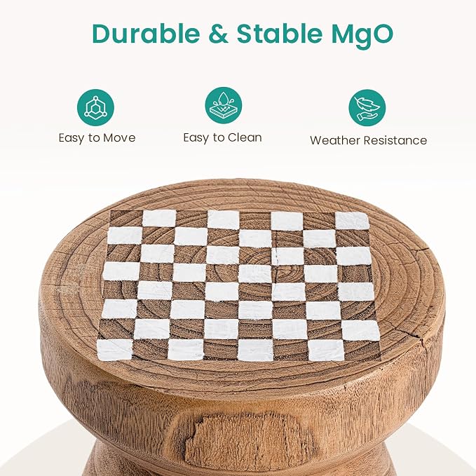 SUNBURY Outdoor Side Table, 14" W Round Outdoor End Table, Faux Wood Small Concrete Side Tables w Chessboard,Patio Side Tables, Garden Stool for Yard, Front Porch, Brown