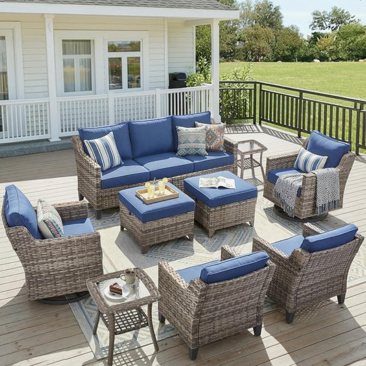 9 Piece Patio Furniture Set-All Weather Outdoor Conversation Sets Sectional Sofa with Wicker Swivel Rocker Patio Chairs, Comfy Cushions Ottomans for Porch Balcony Patio Grey/Blue