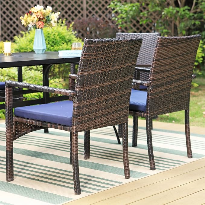 Sophia & William 7pc Patio Dining Set with Red Umbrella, 6 Rattan Chairs | 6 Cushioned rattan chairs + 1 metal table with umbrella. Perfect for backyard, deck, porch.