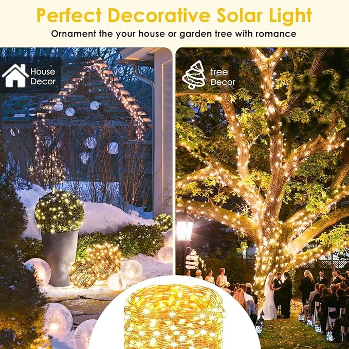 Solar Fairy Lights, 4 Pack Total 400LED 144FT Waterproof String Lights | Warm White, Copper Wire, 8 Lighting Modes Solar Twinkle Lights for Tree Garden Patio Party Outdoor Christmas Decorations