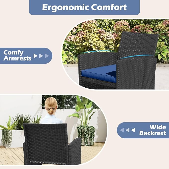 RELAX4LIFE 4-Piece Patio Furniture Set - Wicker Rattan Outdoor Sectional Sofa Set w/Glass Coffee Table, Loveseat, 2 Chairs & Soft Cushions, Bistro Conversation for Garden Porch (1, Black-Navy)