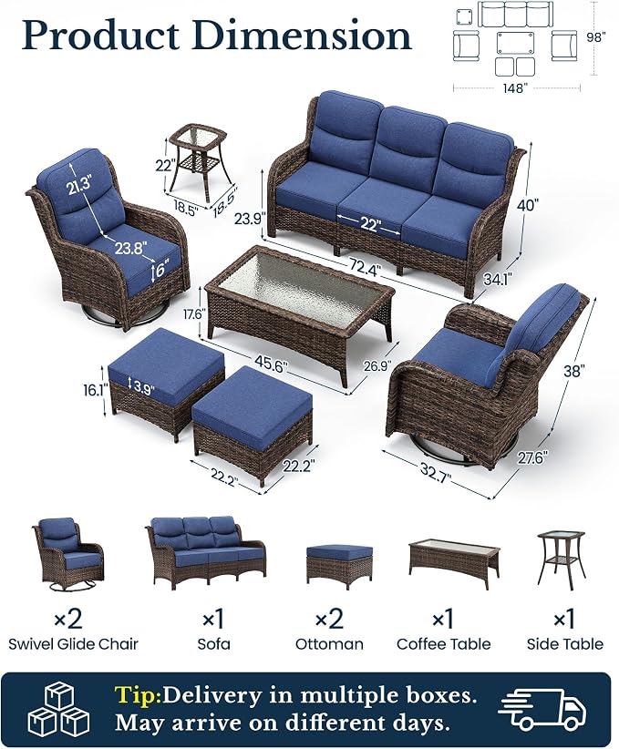 HILLGA 7-Piece Luxury Patio Furniture Set with 6" Thick Cushions, Weather-Resistant Wicker High Back Swivel Rocker Chairs, Senior-Friendly Outdoor Sofa Set for Large Deck, Yard and Poolside, Blue(V2)