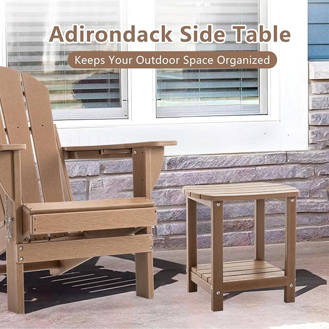 Adirondack Small Outdoor Side Table - Weatherproof HDPE Patio End Table with 2-Tier Storage for Firepit, Balcony, Garden, Poolside or Bathroom (Brown, Set of 2)