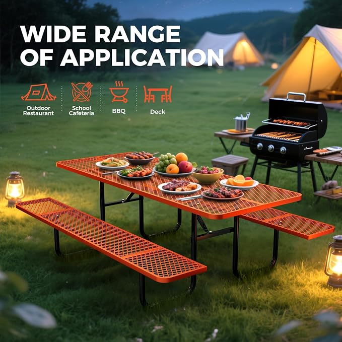 72 Inch Heavy Duty Picnic Table for Outdoors, Rectangular Camping Table with Benches and 1.78" Umbrella Hole, Commercial Grade Steel Frame, 2200 lbs Load Capacity, Orange