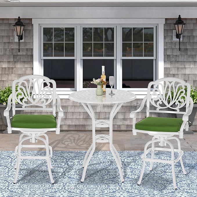 VIVIJASON 31" Patio Height Bar Table, All-Weather Cast Aluminum Bar Bistro Table Outdoor Patio Round Dining Table with Umbrella Hole for Balcony, Lawn, Garden, Backyard, White