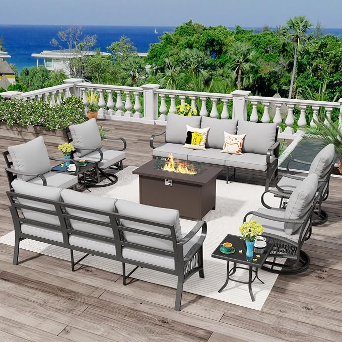 9 Piece Patio Furniture Set, 4 Single Swivel Chairs, Rope Braided Exposed with Thick Cushions, Outdoor All Weather Patio Conversation Sectional Sofa Set for Garden, Porch, Lawn, Grey