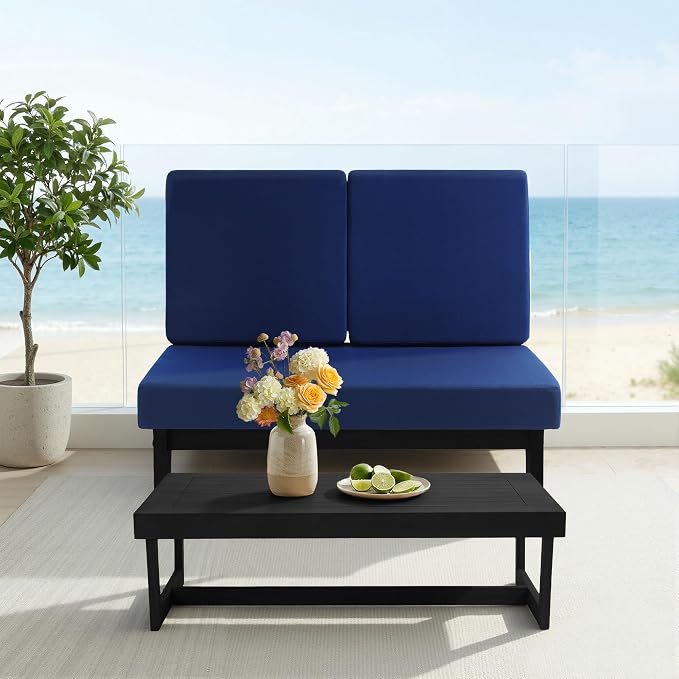 7 Pieces All Weather Black Wood Patio Furniture Sets, 2 Patio Loveseat, 4 Patio Bistro Chair, Outdoor Sectional Sofa Furniture Backyard Conversation Set with Coffee Table - Navy