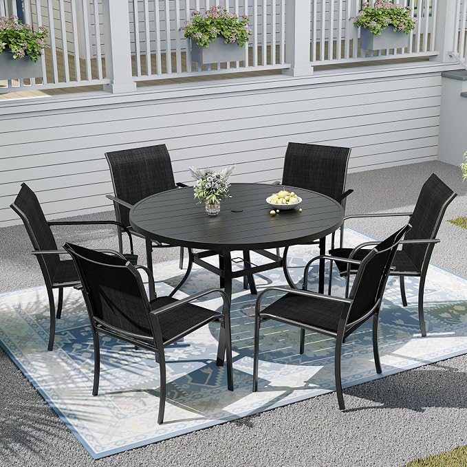 Outdoor Dining Table with 6-Piece Stackable Chairs,48" Round Patio Table with Adjustable Umbrella Hole,Stable Patio Dining Set for Home or Outside