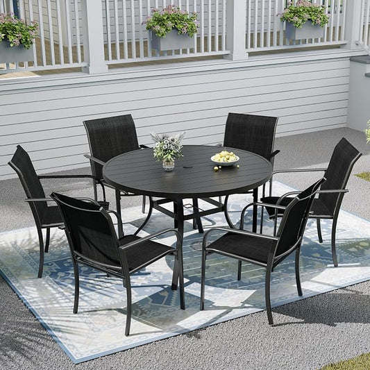 Outdoor Dining Table with 6-Piece Stackable Chairs,48" Round Patio Table with Adjustable Umbrella Hole,Stable Patio Dining Set for Home or Outside