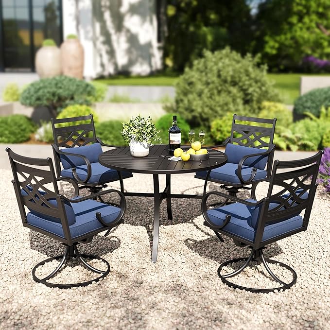 PHI VILLA Patio Dining Set, Swivel Chairs, Round Metal Table | Metal chairs, Blue, Umbrella Hole, Cushions, E-coated