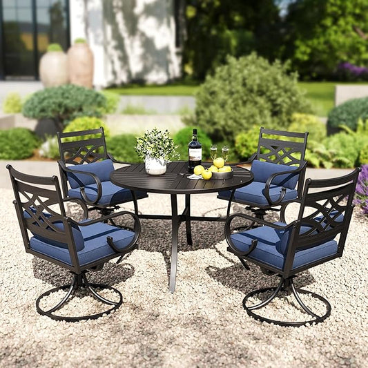 PHI VILLA Patio Dining Set, Swivel Chairs, Round Metal Table | Metal chairs, Blue, Umbrella Hole, Cushions, E-coated