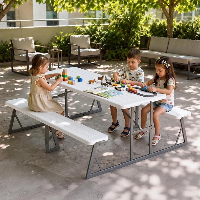 VINGLI Outdoor Picnic Table with Umbrella Hole, 6FT All Weather Metal Frame HDPE Tabletop Plastic Picnic Table for Dining Party Garden(White)