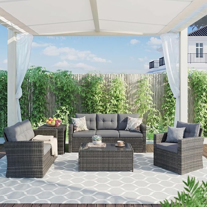 Super Patio 8 Pieces Outdoor Patio Furniture Set, Wicker Patio Conversation Sets with Storage Box, Rattan Outdoor Sectional Sofa Set with Cushions and Coffee Table for Outside Porch, Deck, Gray