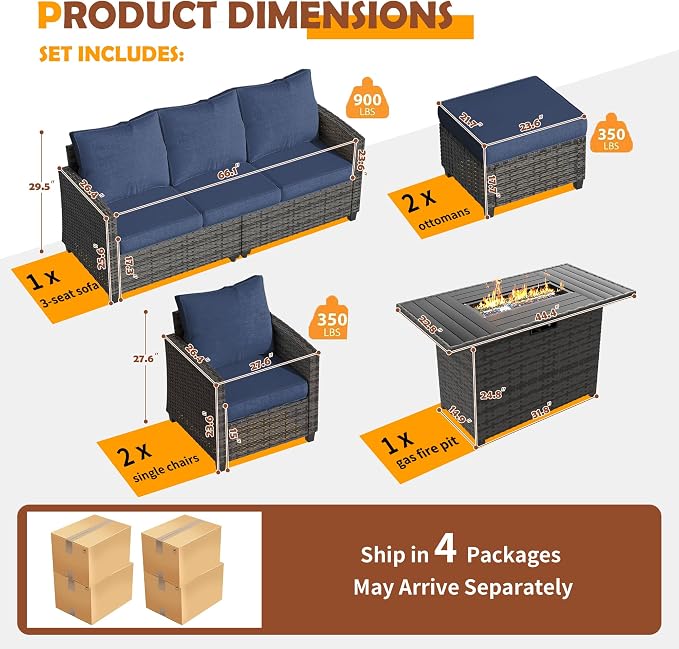 UDPATIO Patio Furniture Set with 44" Fire Pit Table, 6 Pieces Outdoor Sectional Conversation Sets, All-Weather Wicker Rattan Sofa Ottoman with 4" Thick Cushion for Garden Backyard Poolside, Navy Blue