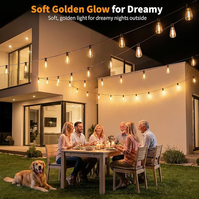 Hotsonic Remote Control Outdoor String Lights Waterproof, 100FT LED Outside Lights with Shatterproof Bulbs, Dimmable Hanging Light 3 Modes for Patio Porch Garden pergola Yard House Bistro Party decors