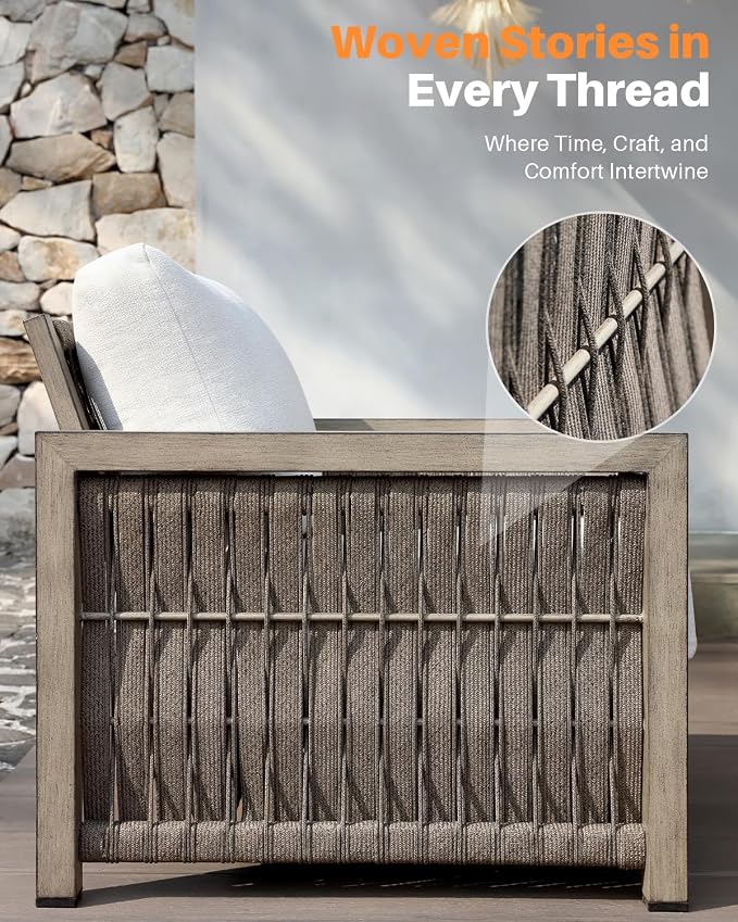 Outdoor Chairs Set of 2, Aluminum Patio Chairs Set with Thick Washable Cushions, 2 Pieces Rope Weave Patio Chair Outdoor Furniture, Outdoor Furniture Set for Garden, Porch, Balcony, Gray Oak
