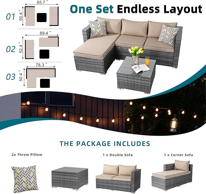 SUNLEI Outdoor Furniture Patio Sets,Low Back All-Weather Small Rattan Sectional Sofa with Tea Table&Washable Couch Cushions & Wicker Upgraded (Silver Rattan)(Khaki)