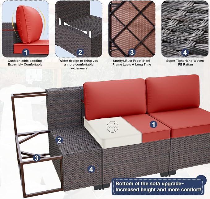 Kurapika 8 Pieces Patio Furniture Set, Rattan Wicker Outdoor Conversation Sets w/43in Propane Fire Pit Table and 4 Inch Cushion(Red)