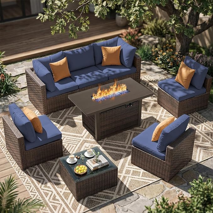 8 Pieces Patio Furniture Sets Outdoor Sectional Sofa with 44'' Propane Rattan Wicker Firepit Table, Patio Sectional Conversation Set with Cushions for Backyard, Poolside, Garden Blue