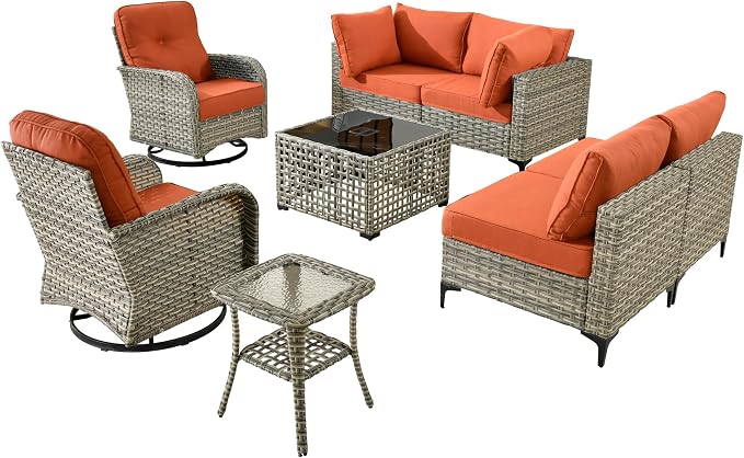 Outdoor Patio Furniture Sets, 8 PCS Patio Conversation Set Outside Rattan Sectional Sofa with Wicker Rocking Chairs Coffee Table Soft Cushion Fit Backyard Porch Garden Poolside Balcony