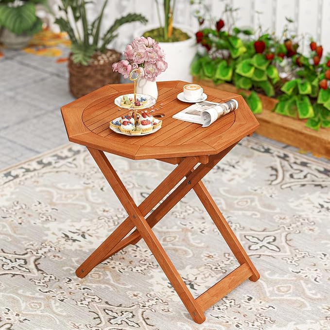 HAPPYGRILL Outdoor Patio Wood Dining Table for 4, Octagon Folding Bistro Table with 2" Umbrella Hole for Garden, Porch and Backyard, No Assembly Required (1)