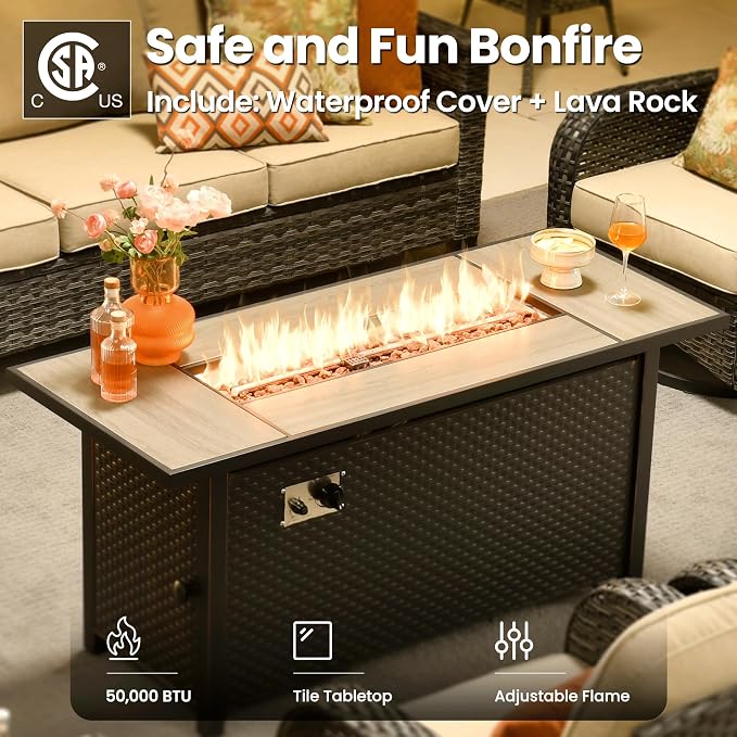 ovios 9 Pieces Patio Furniture Set, Outdoor Wicker Sofa Couch with Swivel Glider Chairs Fire Pit Table, Modern Deep Seat Rattan Conversation Sets for Deck Porch, Beige
