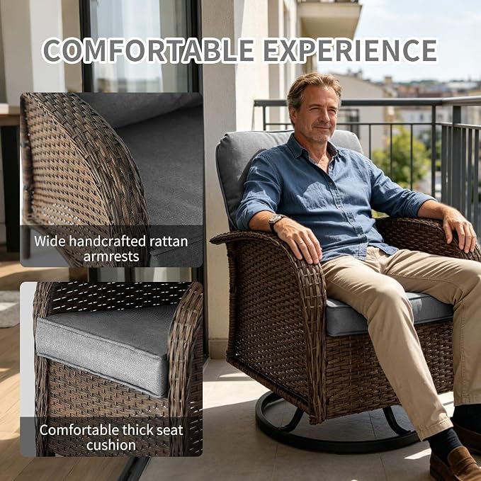 Outdoor Swivel Rocker Patio Chairs (Brown Wicker/Grey Cushion, 7PC/Sofa & Swivel & Chair &2 Table)