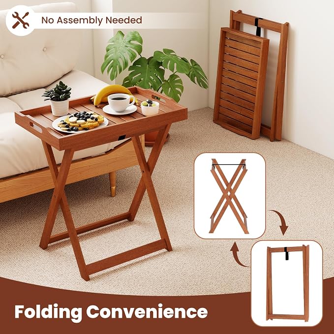 Giantex Outdoor Side Table Set of 2, Wooden Folding Table with Removable Tray Top, Food Serving Tray with Stand for Patio, Porch, Garden, Backyard & Poolside