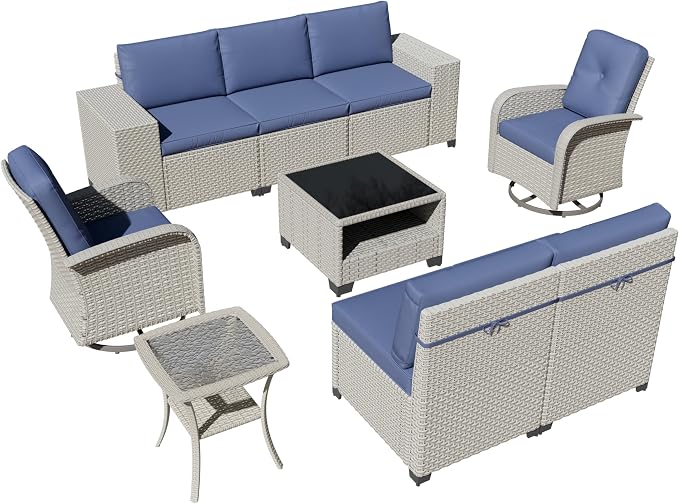 9-Piece Outdoor Patio Furniture Set, Modular Sectional Sofa Set with Swivel Rocker Chairs, Wicker Outdoor Couch Conversation Sets w/Coffee Table and Cushions, Blue