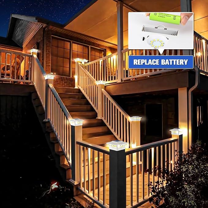 VOLISUN Solar Post Cap Lights: 2 - Pack Outdoor Deck Post Cap Lights White for Dock Fence Waterproof 2 Color Modes,4x4/6x6 Wooden/Vinyl Posts