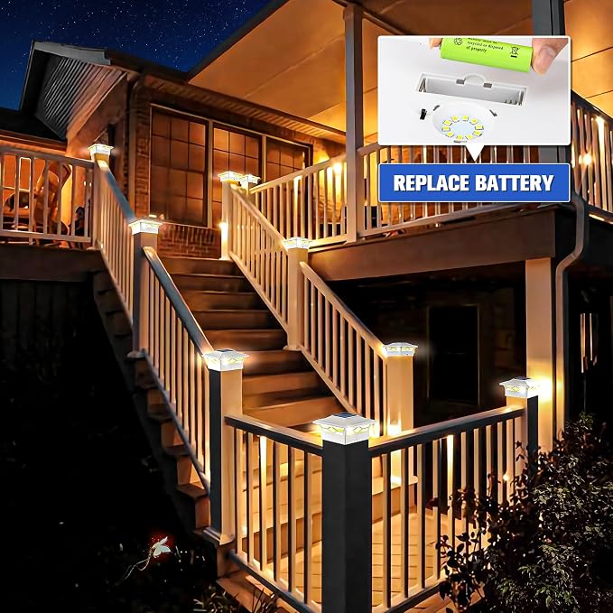 VOLISUN Solar Post Cap Lights: 12 - Pack Outdoor Deck Post Cap Lights White for Dock Fence Waterproof 2 Color Modes,4x4/6x6 Wooden/Vinyl Posts