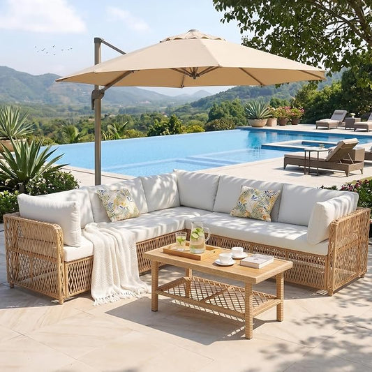 ABCASA Outdoor Patio Sectional Furniture Set with Waterproof Cover, Oversized Wicker Outdoor Furniture Set w/Water-Resistant Fabric & Thick Cushion, L Shaped Patio Conversation Set for Pool Yard,Beige