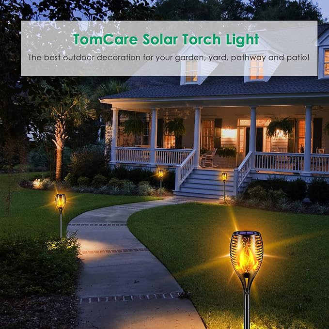 TomCare Flickering Flame Solar Torch Lights Outdoor, 43" Tall, 4 Pack | Realistic 99-LED Flame Effect, Charges in 6-8 Hours, 10-12-Hour Runtime, IP65 Waterproof, Auto On/Off for Yard, Patio, Garden