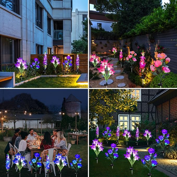 MRHEPHAESTUS Solar Garden Lights, 6 Pack Solar Flowers Lights with Lily Rose Delphinium, Waterproof Gardening Gifts for Mom Grandma Women,Multi-Color Changing Outdoor Light for Garden Yard Patio Lawn