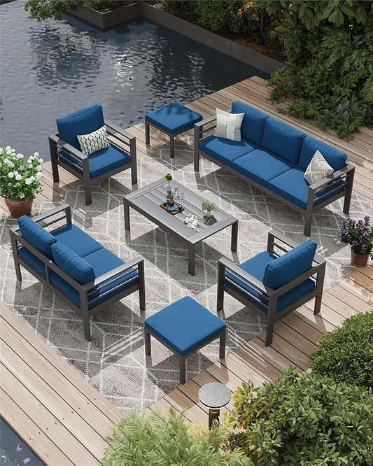 AECOJOY Aluminum Patio Furniture Set, 9 Seats Modern Outdoor Furniture with Coffee Table, 7 Pieces Metal Conversation Sectional Sofa, Blue